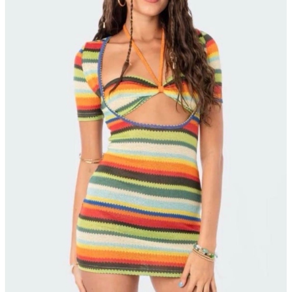 Edikted Rainbow Striped Knit Mini Dress Small Scoop Neck Short Sleeve Bodycon